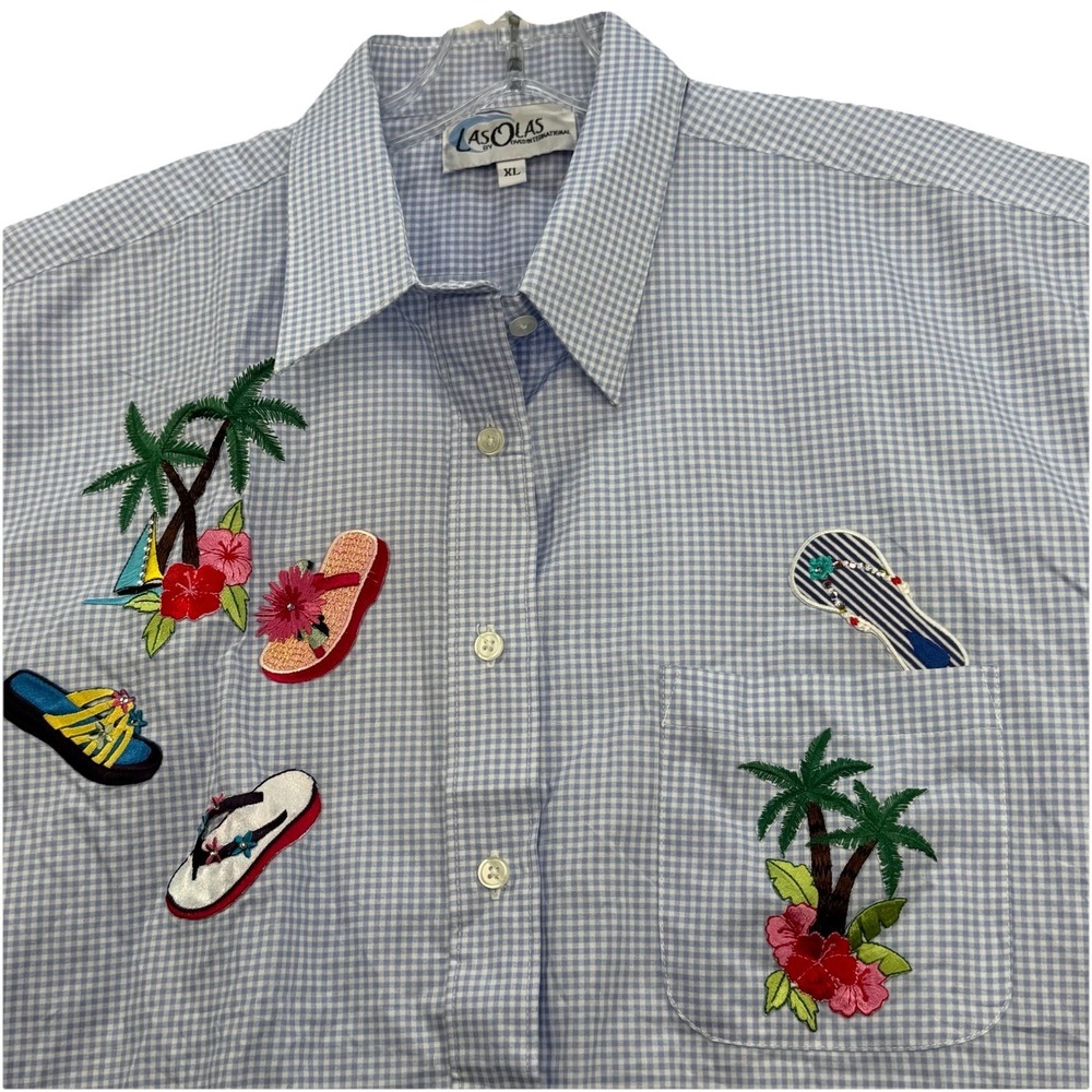 Las Olas Women's XL Blue Checker Plaid Button Up Shirt Flip Flops Summer Beach
